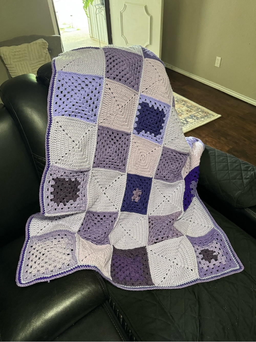 Handmade Patchwork Crochet Throw Blanket in Purple Tones